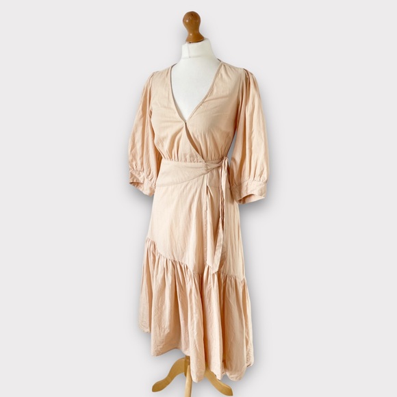 Free People Don’t Mind If I Do Midi Dress Size XS Peach Wrap Cotton Linen Mix - Picture 7 of 11
